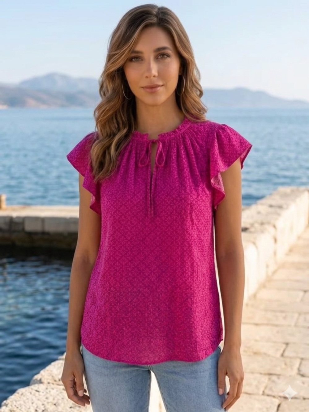 LOFT Vibrant Pink Geometric Print‎ Flutter Sleeve Blouse Small